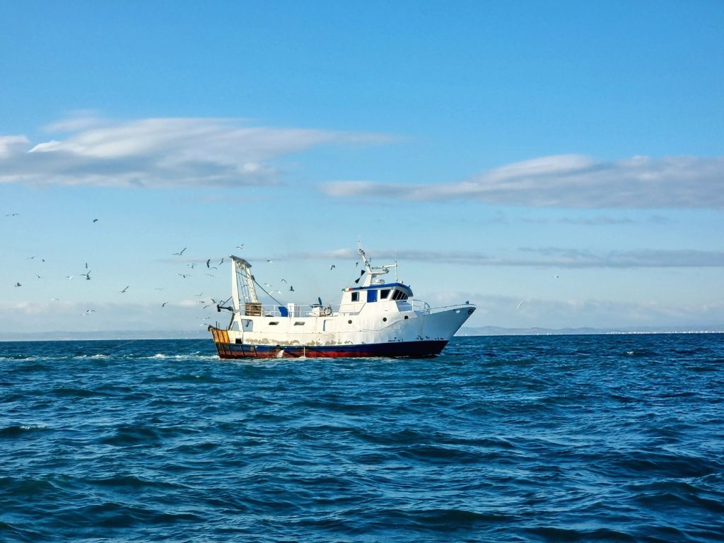 Photograph of a fishing boat engaged in a fishing trip, we are off the coast of the Marches in front of the city of Ancona in Italy. Photo taken in the Adriatic Sea in December 2022.